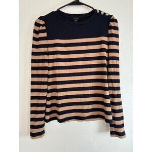 Ann Taylor stripe navy blue and tan long sleeve top button accent sz XS